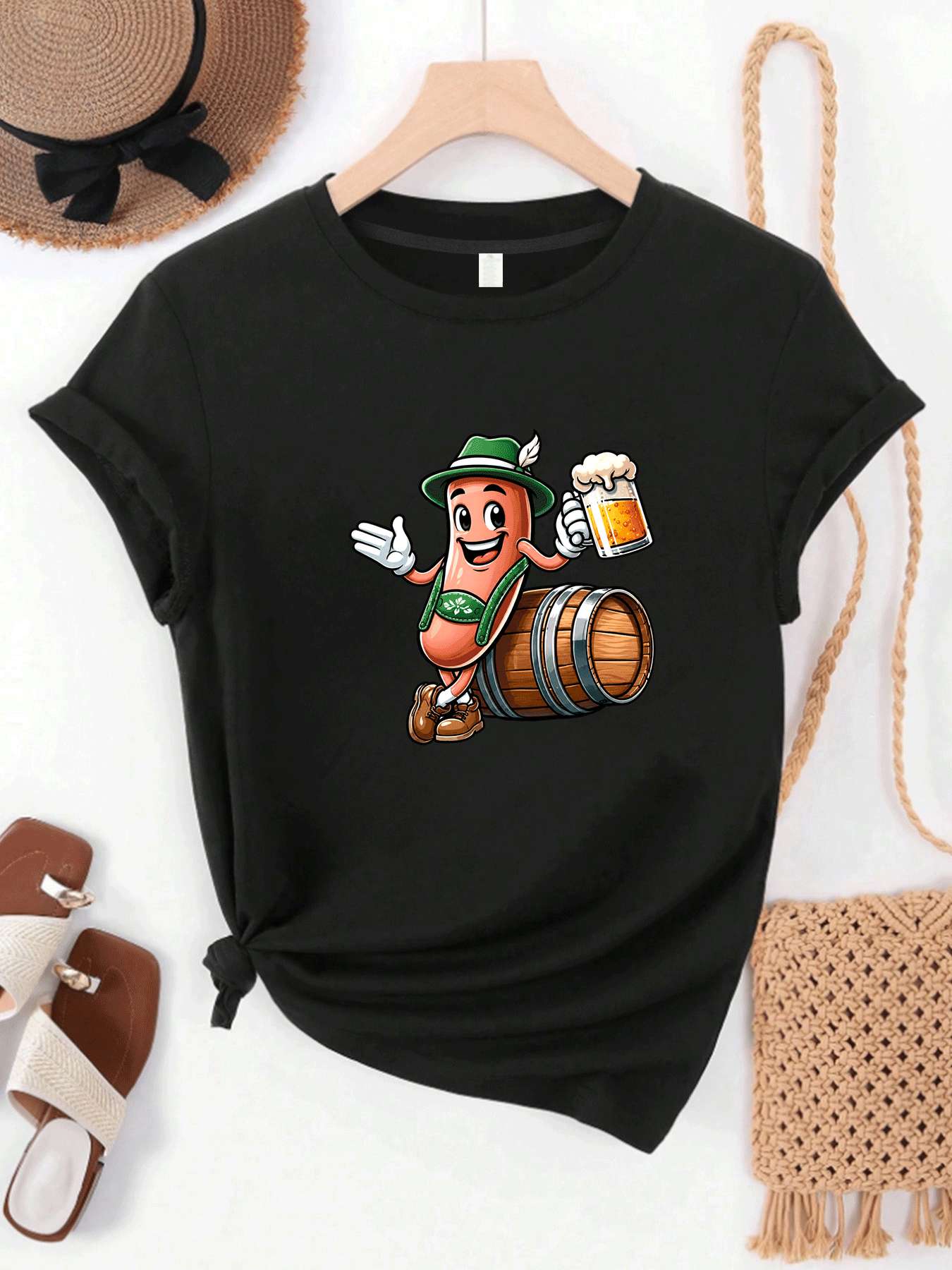 Wine Beer Festival - 【MYJ062655】Bierfest-Damen-T-Shirt mit Wein-Fass-Motiv, Rundhalsausschnitt, kurzärmeliges T-Shirt