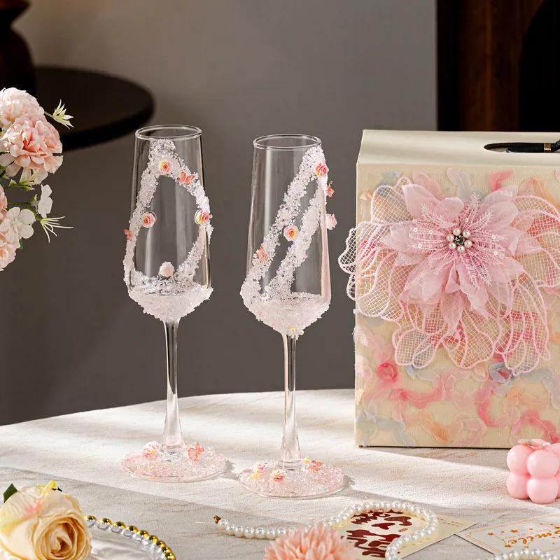 Champagne Flute Pair - Rosa Champagnerflöten mit gebrochenem Diamantmuster, Paar