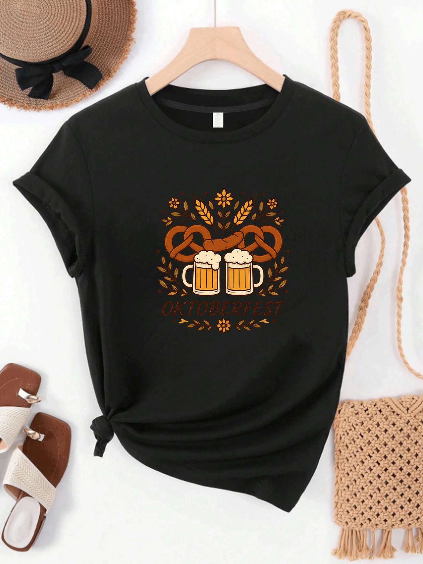 Wine Beer Festival - 【MYJ062633】Bierfest-Damen-T-Shirt mit Weinmotiv und Textmuster, Rundhalsausschnitt,