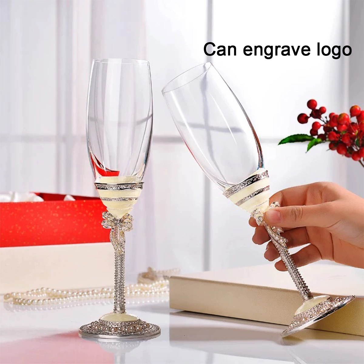 Champagne Flute Pair - (Logo gravierbar) 230ML Emaille-Kristall-Champagnergläser 2er-Set, Hochzeitspaar,